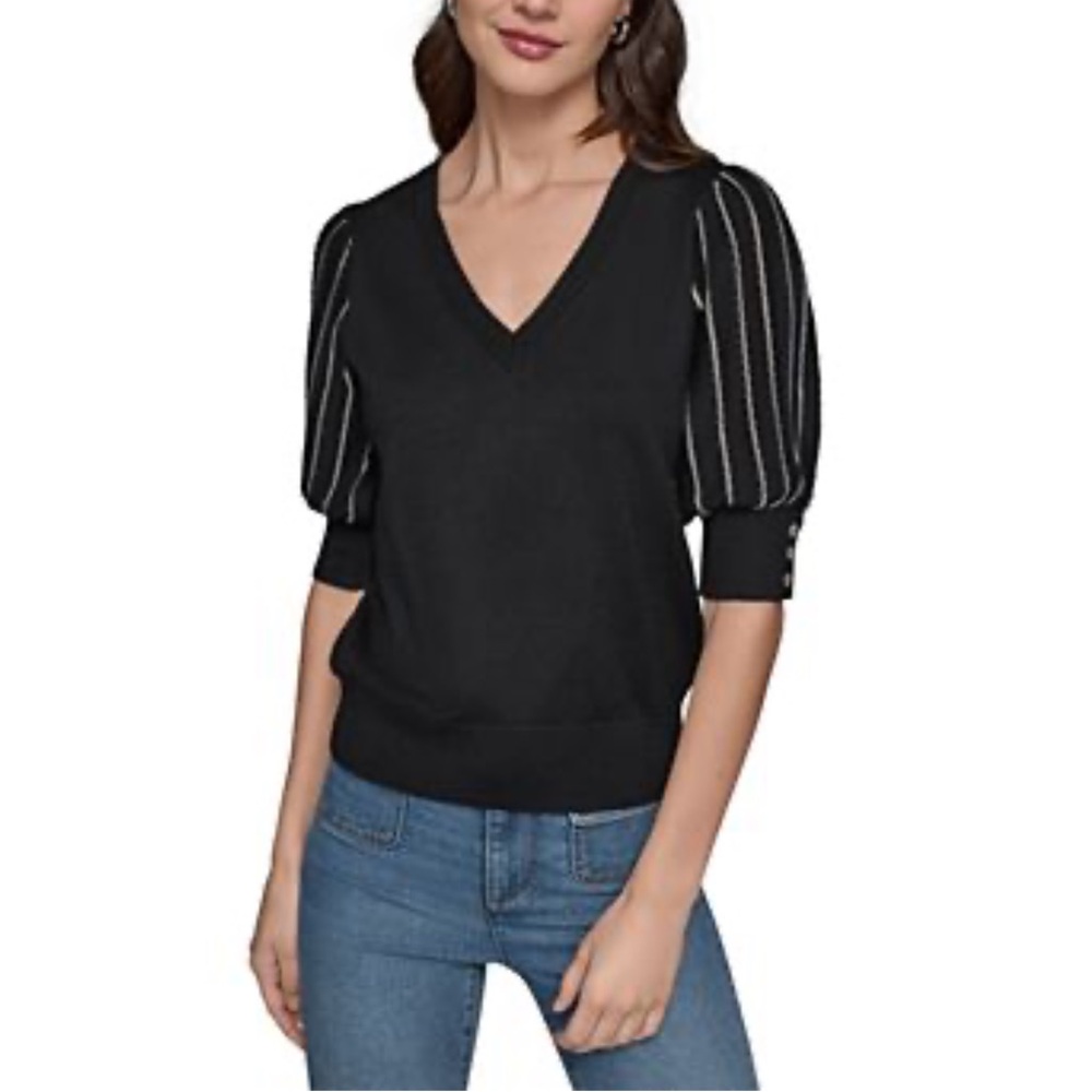 Karl Lagerfeld Black V-Neck Sweater with Striped Sleeves